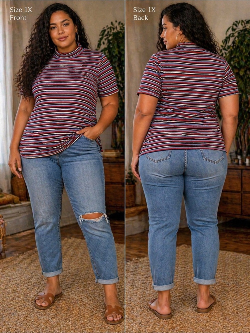 Penningtons Plus Size 1X  stripped Mock Neck Tee-Stretched Knit Top-Casual Basic